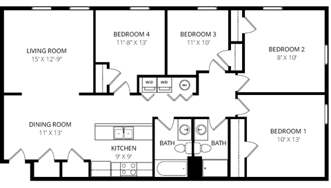 Floor plan for 4 beds, 2 baths, 1450 sqft